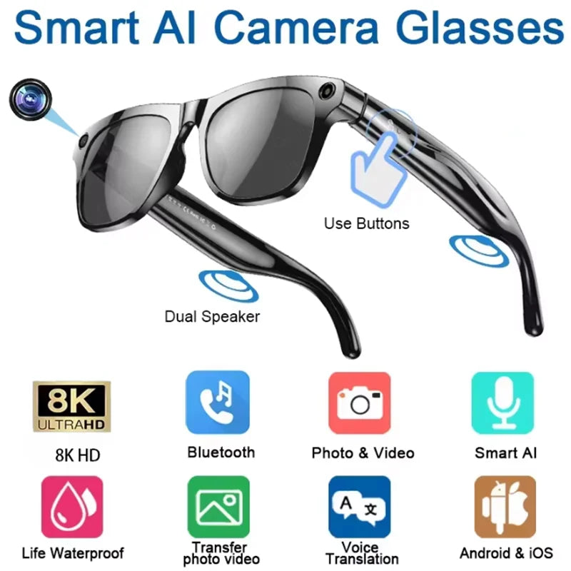 😎 Lunettes Intelligentes 8K – Appels, Musique et Caméra 1200MP
